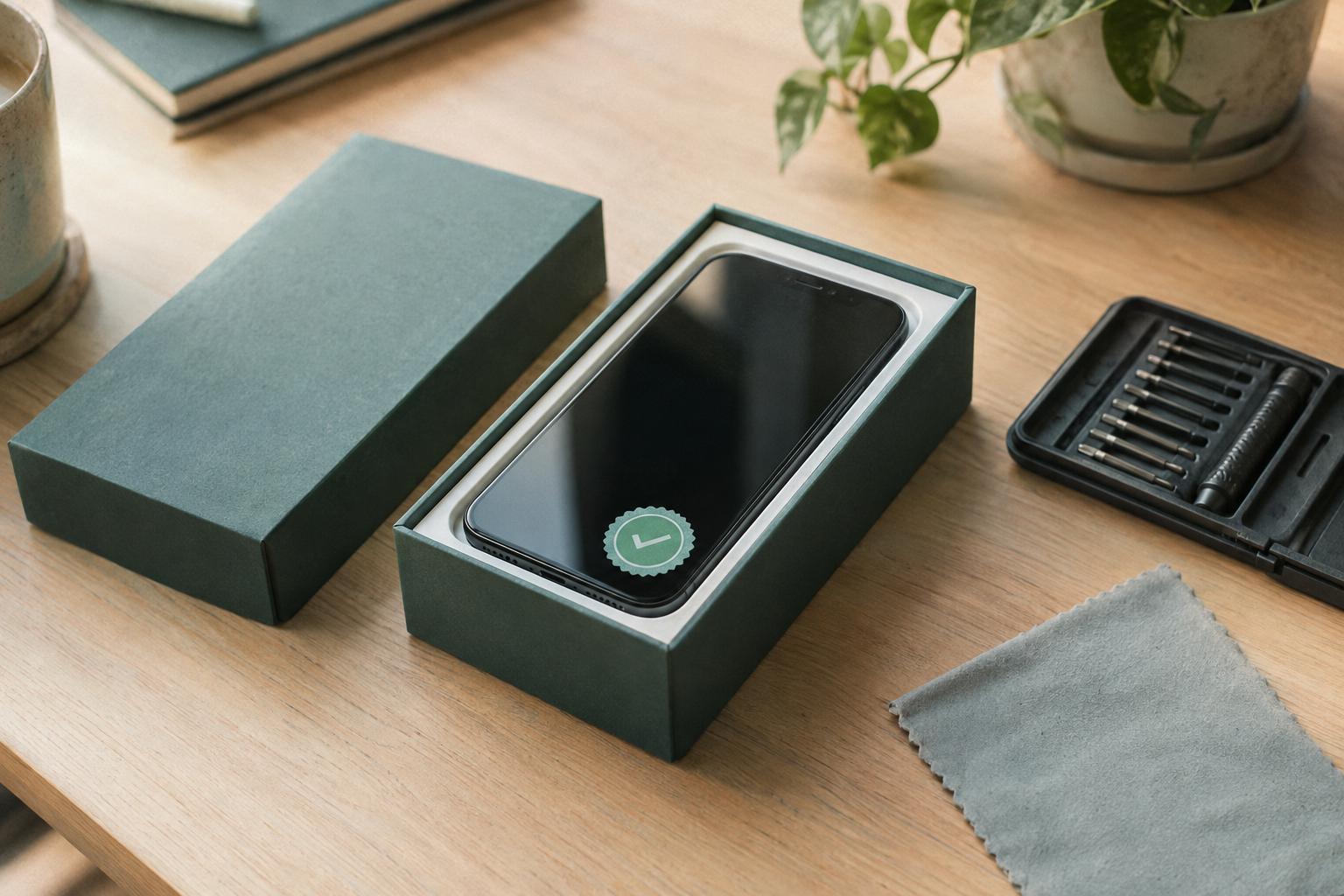 A refurbished iPhone in its box on a desk next to a small screwdriver kit