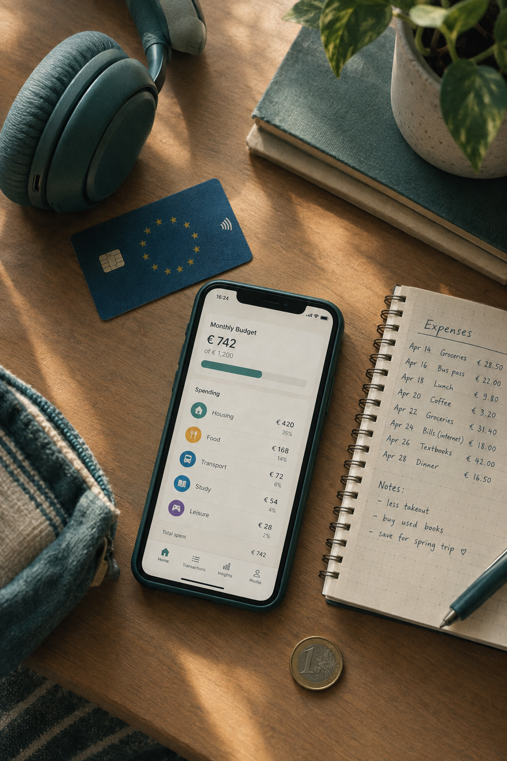 Flat lay of a EU bank card, a phone showing a budgeting app, headphones, a notebook with handwritten expenses, and a euro coin on a wooden desk